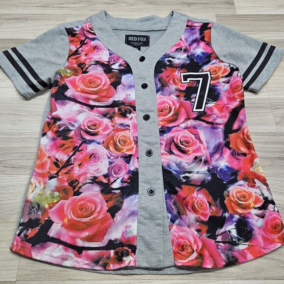 REDFOX Womens Pink Rose Floral Button Up Jersey Medium - Picture 2 of 6